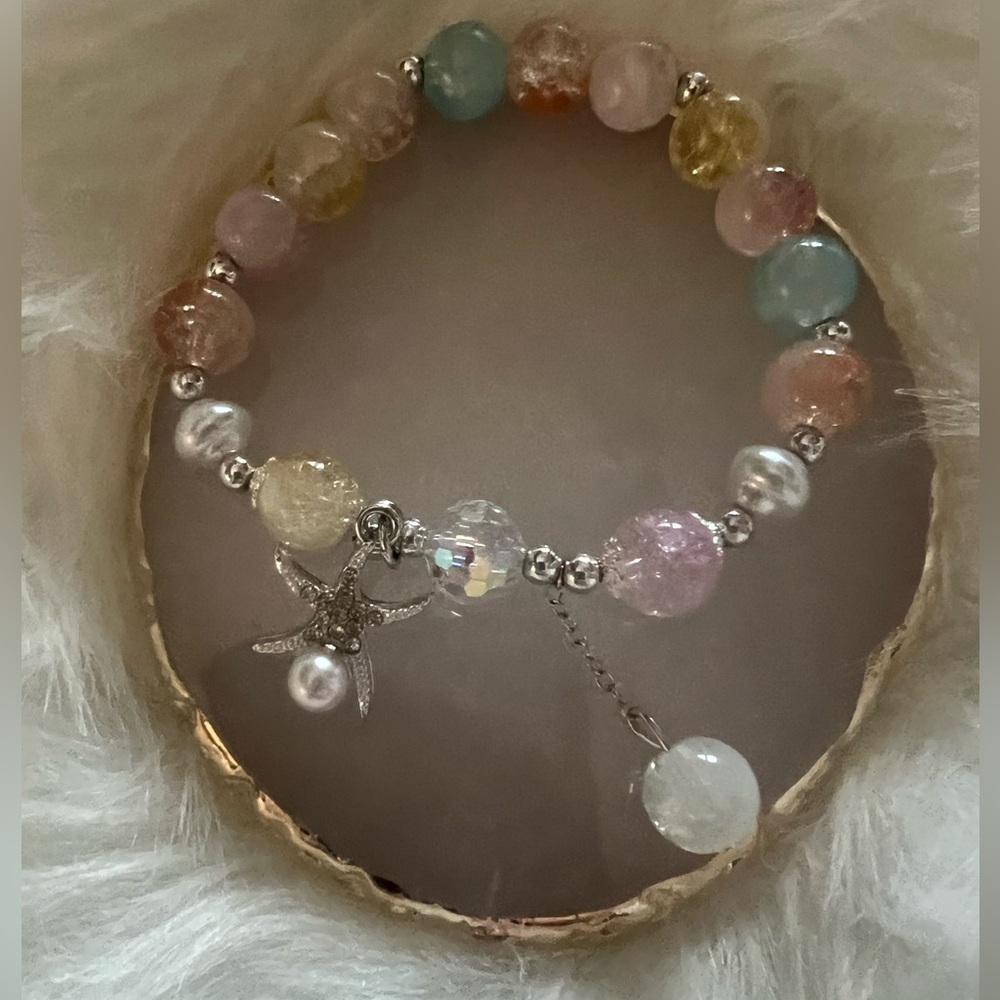 Multi Pastel Color Glass Beaded Bracelet w/ Starfish Charm